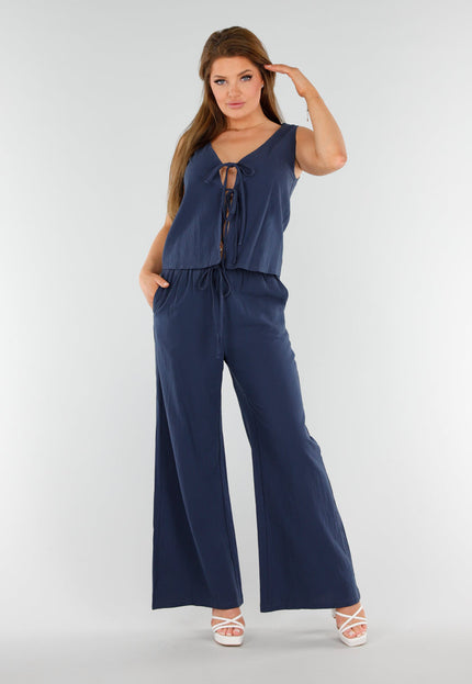 NEW110625 Navy Linnenlook Set Met Strikdetails