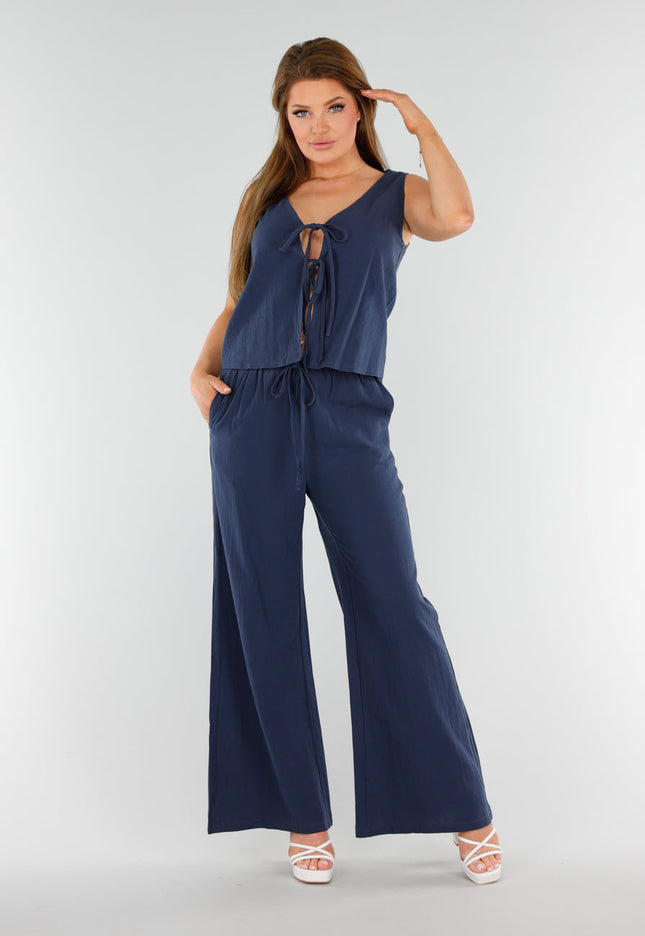 NEW110625 Navy Linnenlook Set Met Strikdetails