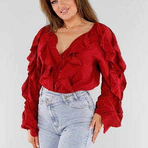 NEW110625 Rode Blouse met Ruches