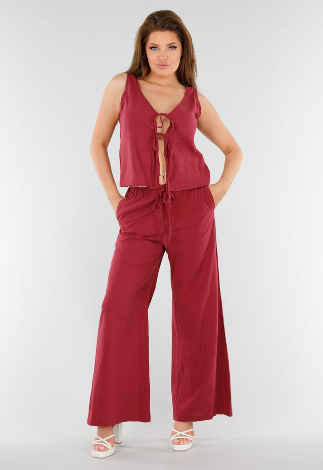 NEW110625 Wijnrode Linnenlook 2-Piece met Strik