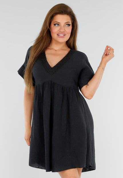 NEW110625 Zwarte Katoenen Jurk met Borduursel