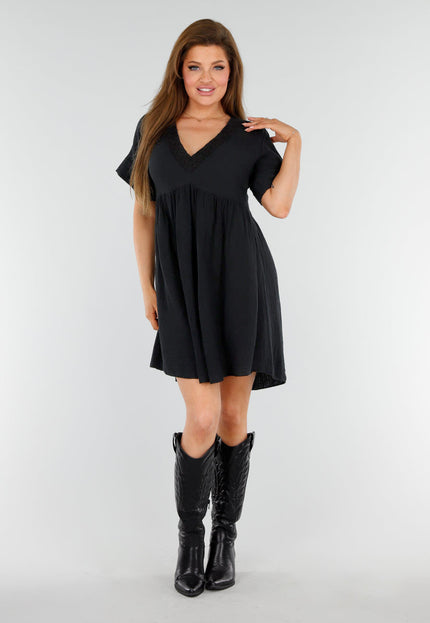 NEW110625 Zwarte Katoenen Jurk met Borduursel