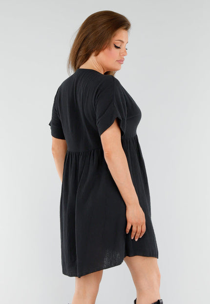 NEW110625 Zwarte Katoenen Jurk met Borduursel