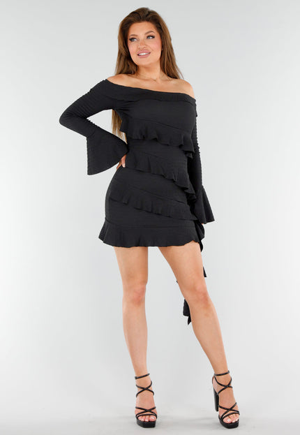 NEW110625 Zwarte Off-Shoulder Jurk Volants