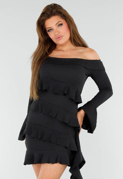 NEW110625 Zwarte Off-Shoulder Jurk Volants