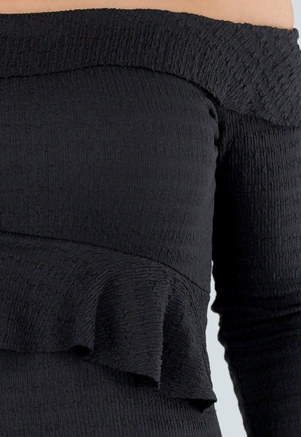 NEW110625 Zwarte Off-Shoulder Jurk Volants