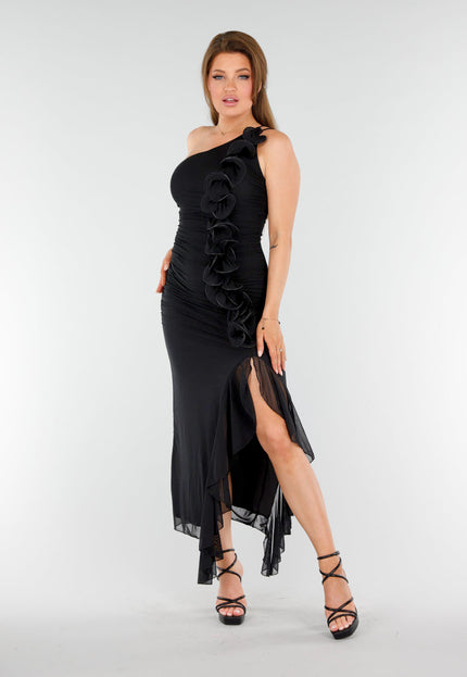 OP=OP.04.NL Zwarte One-Shoulder Jurk met Split