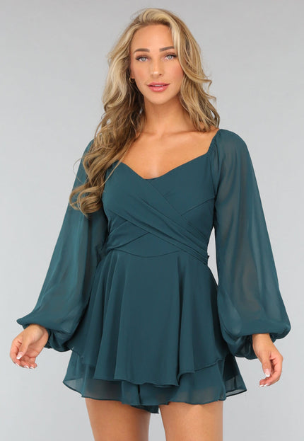 NEW1109 Donkergroene Chiffon Ruffle Playsuit met Strikdetail