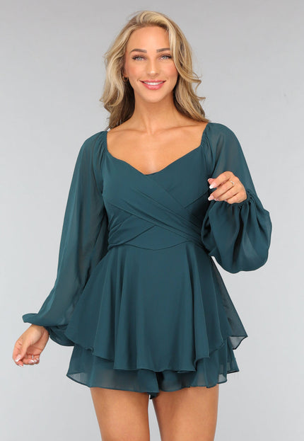 NEW1109 Donkergroene Chiffon Ruffle Playsuit met Strikdetail