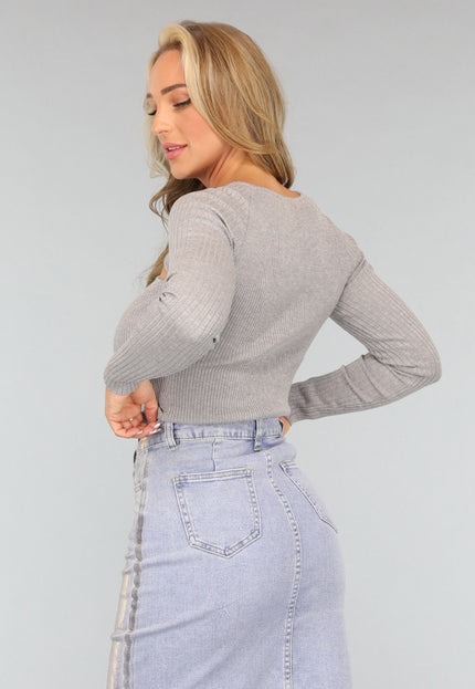 OP=OP.AV.09 Grijze Lange Mouwen Top met Cutouts