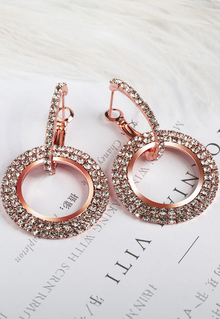 NEW1109 Rosé Gouden Stainless Cirkel Oorbellen met Strass Steentjes