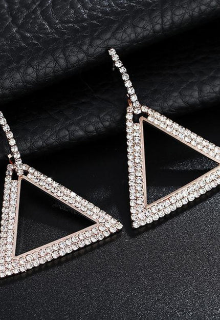 NEW1109 Rosé Gouden Stainless Driehoek Oorbellen met Glitter Steentjes