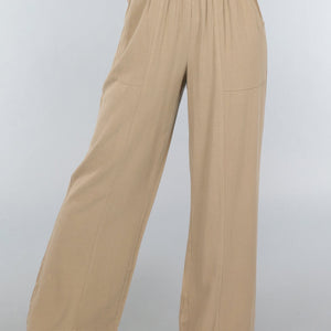 NEW1109 Taupe Linnenlook Broek met Wijde Pijpen