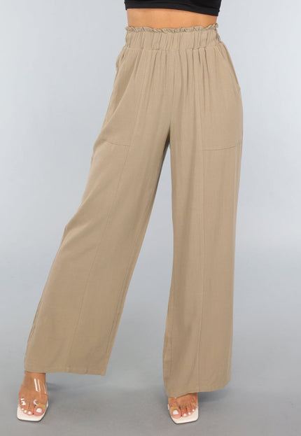 NEW1109 Taupe Linnenlook Broek met Wijde Pijpen