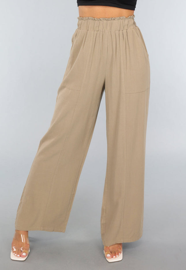 NEW1109 Taupe Linnenlook Broek met Wijde Pijpen