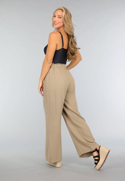 NEW1109 Taupe Linnenlook Broek met Wijde Pijpen