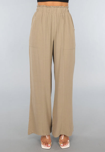 NEW1109 Taupe Linnenlook Broek met Wijde Pijpen