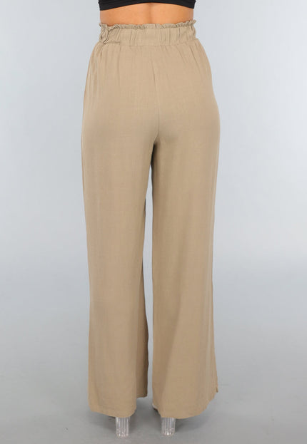 NEW1109 Taupe Linnenlook Broek met Wijde Pijpen