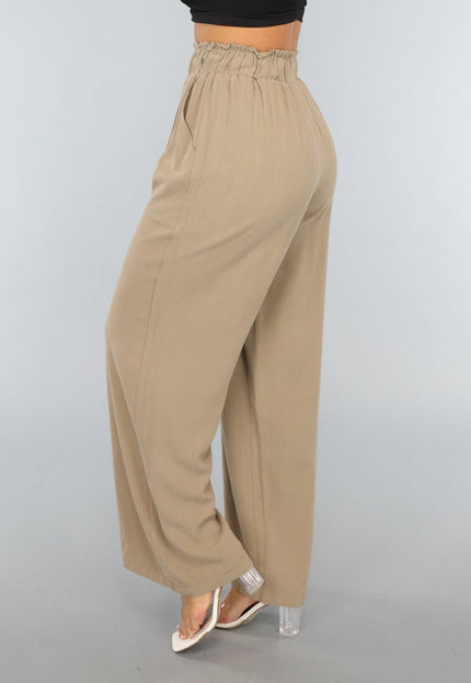 NEW1109 Taupe Linnenlook Broek met Wijde Pijpen