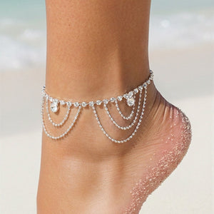 NEW1109 Zilveren Layered Stainless Enkelbandje met Glitter Steentjes