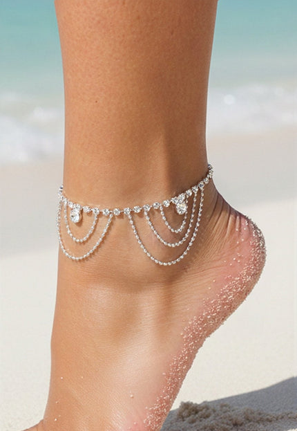 NEW1109 Zilveren Layered Stainless Enkelbandje met Glitter Steentjes