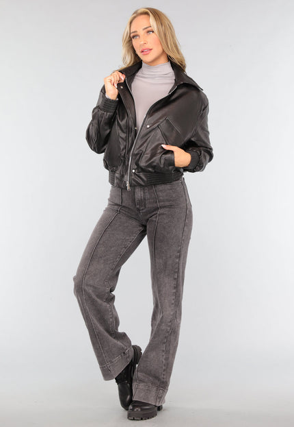OP=OP.10.NL Zwart Oversized Lederlook Bomberjack