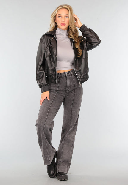 OP=OP.10.NL Zwart Oversized Lederlook Bomberjack