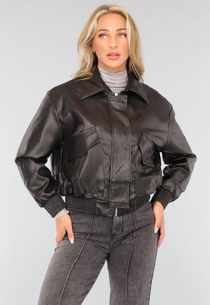 OP=OP.10.NL Zwart Oversized Lederlook Bomberjack