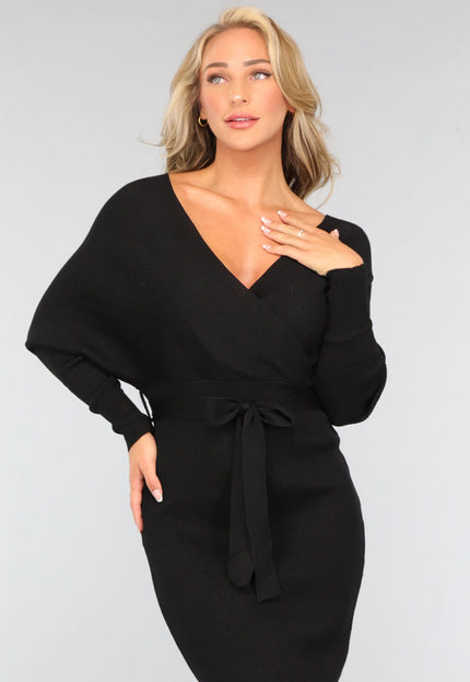NEW1109 Zwarte Rib Midi Jurk met Tailleband