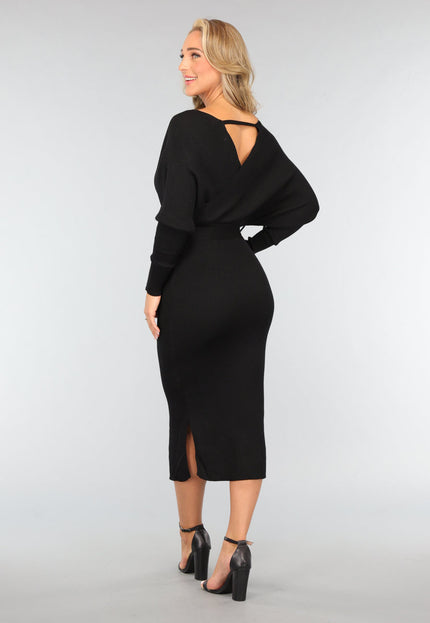 NEW1109 Zwarte Rib Midi Jurk met Tailleband