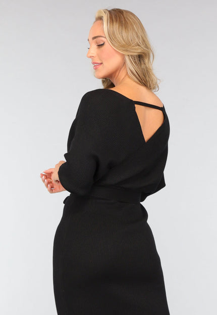 NEW1109 Zwarte Rib Midi Jurk met Tailleband