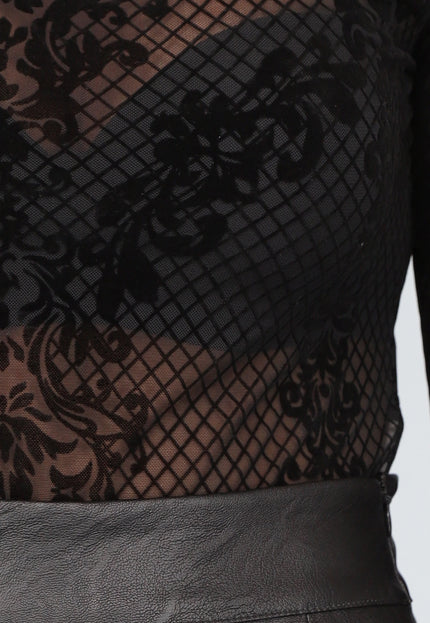 OP=OP.AV.12 Zwarte See Through Bodysuit met Paisley Print