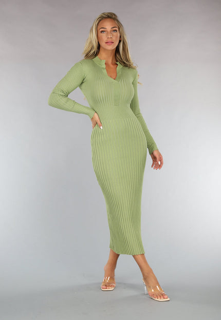 NEW1110 Lange Groene Rib Jurk
