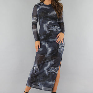 NEW1112 Maxi Jurk met Marble Print in Grijs