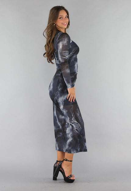 NEW1112 Maxi Jurk met Marble Print in Grijs