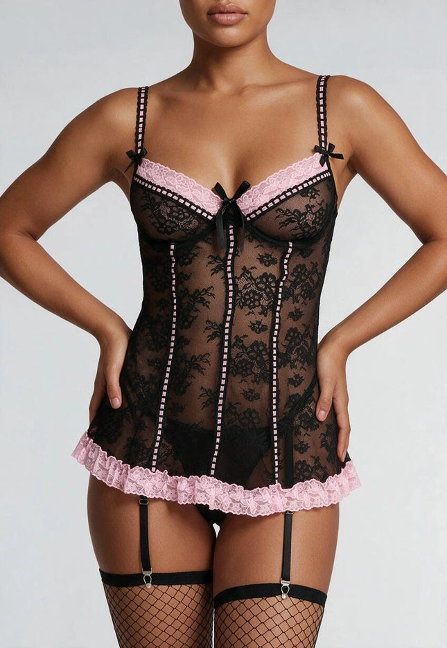 NEW1112 Zwart Kanten Lingerie Jurkje met Roze Details