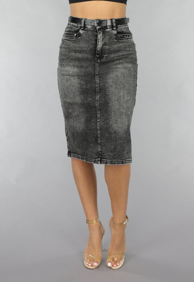 NEW120225 Antraciet Denim Midi Rok met Riempje