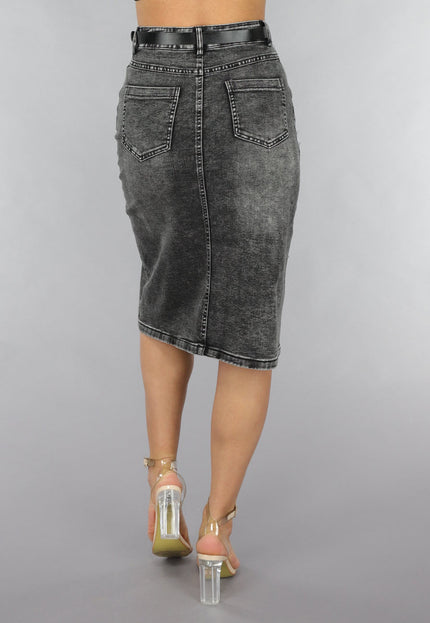 NEW120225 Antraciet Denim Midi Rok met Riempje