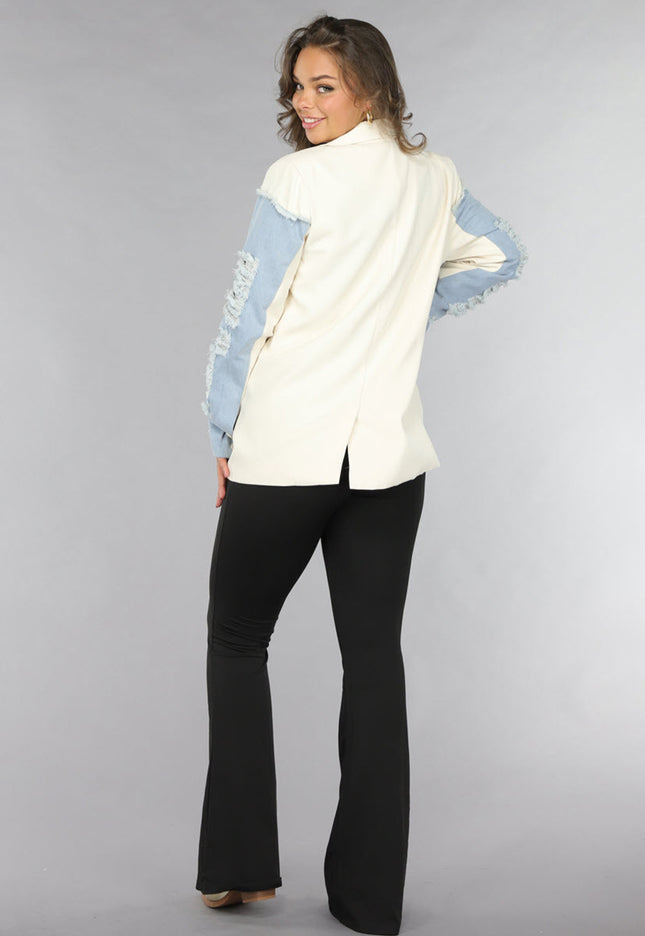 NEW120225 Beige Blazer met Denim Details