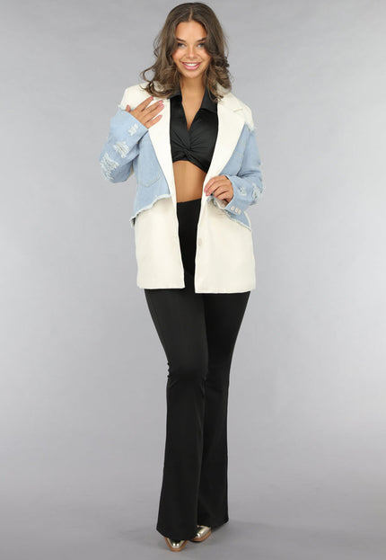 NEW120225 Beige Blazer met Denim Details