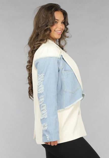 NEW120225 Beige Blazer met Denim Details