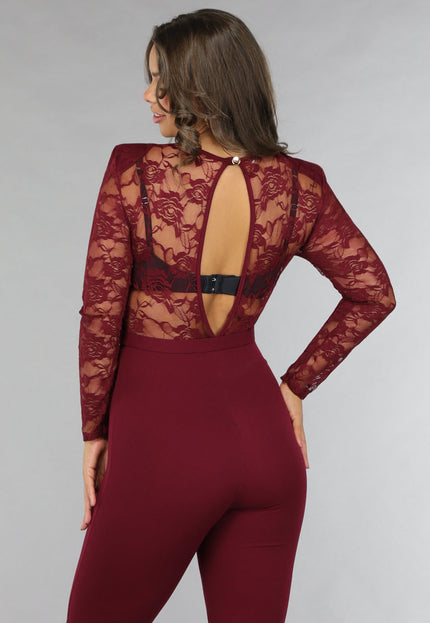 OP=OP.AV.12 Burgundy Jumpsuit met Kanten Details