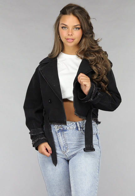 NEW120225 Cropped Zwarte Denim Jas met Gespdetails