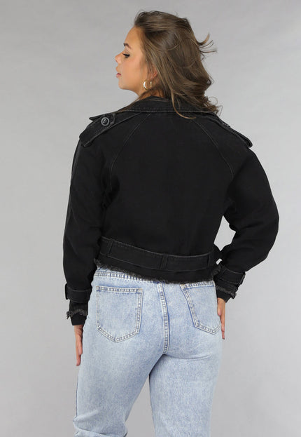NEW120225 Cropped Zwarte Denim Jas met Gespdetails