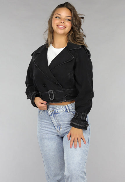 NEW120225 Cropped Zwarte Denim Jas met Gespdetails
