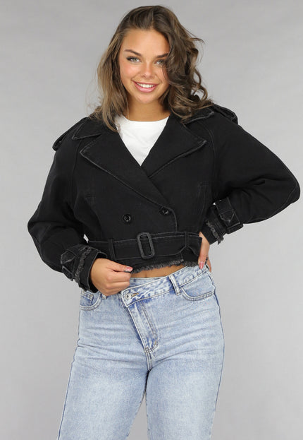 NEW120225 Cropped Zwarte Denim Jas met Gespdetails