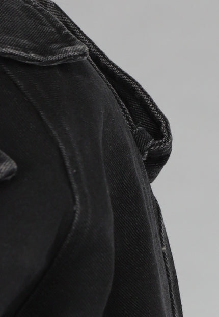 NEW120225 Cropped Zwarte Denim Jas met Gespdetails