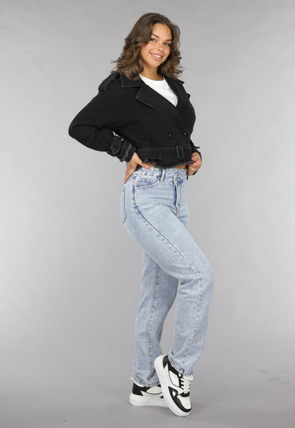 NEW120225 Cropped Zwarte Denim Jas met Gespdetails