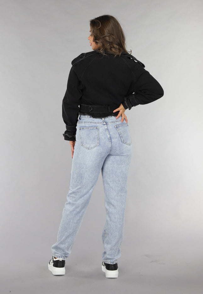 NEW120225 Cropped Zwarte Denim Jas met Gespdetails