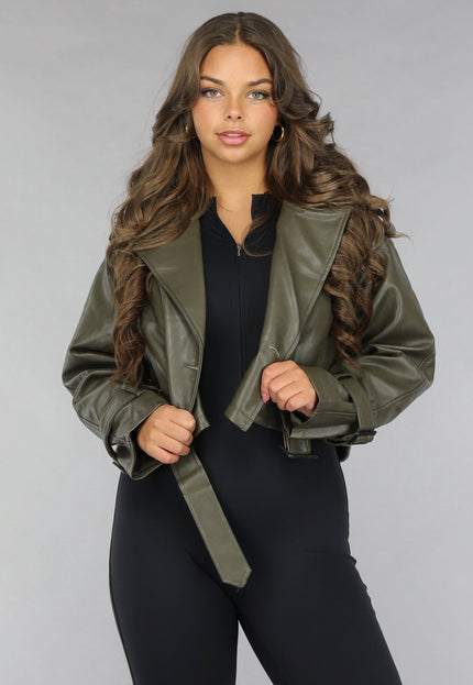 NEW120225 Korte Khaki Lederlook Jasje